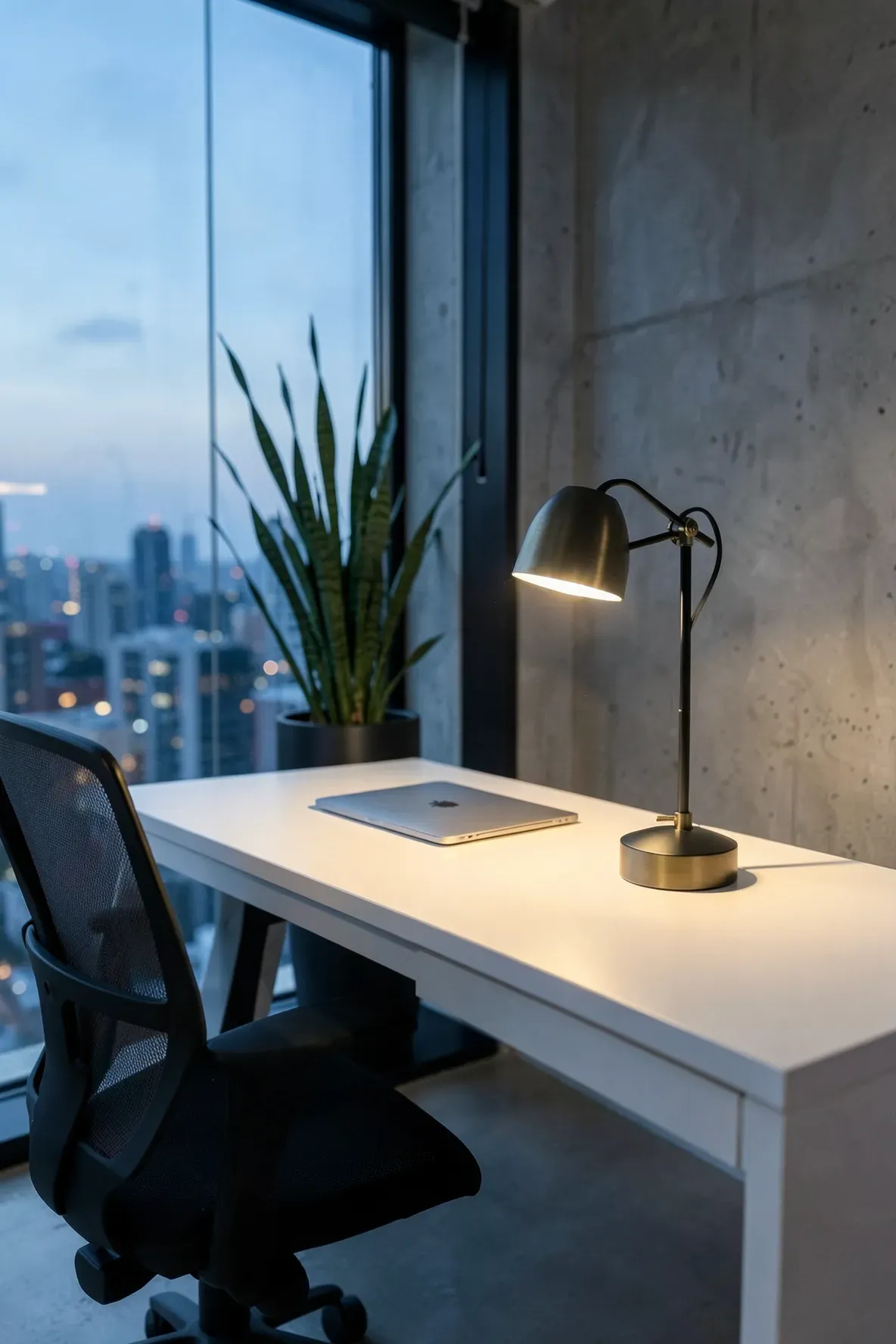 A sleek matte black and brass contemporary lamp on a white desk in a modern city office.