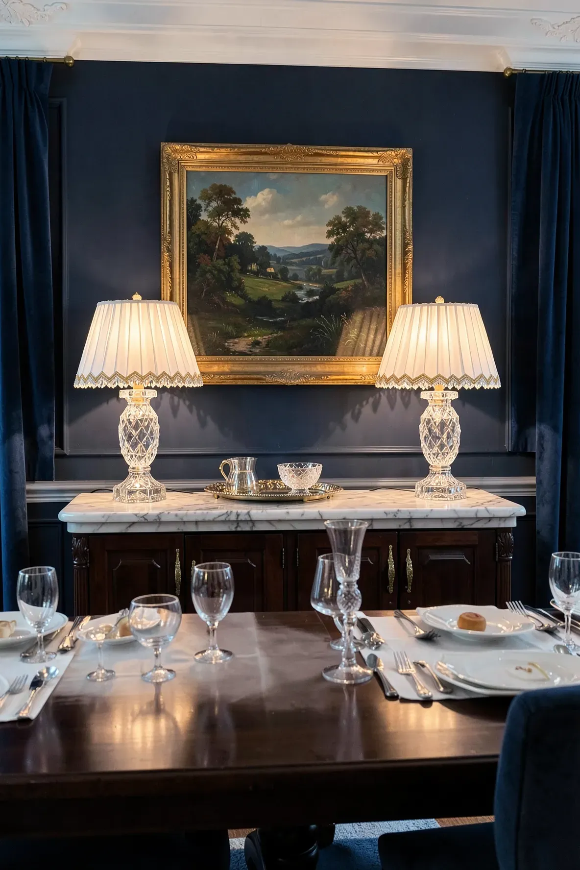 Two luxury crystal lamps with silk shades on a marble sideboard in a formal navy dining room.