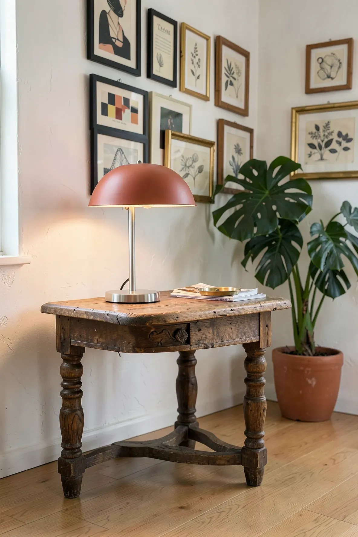 A terracotta mid-century modern lamp on a rustic wooden table with a gallery wall background.