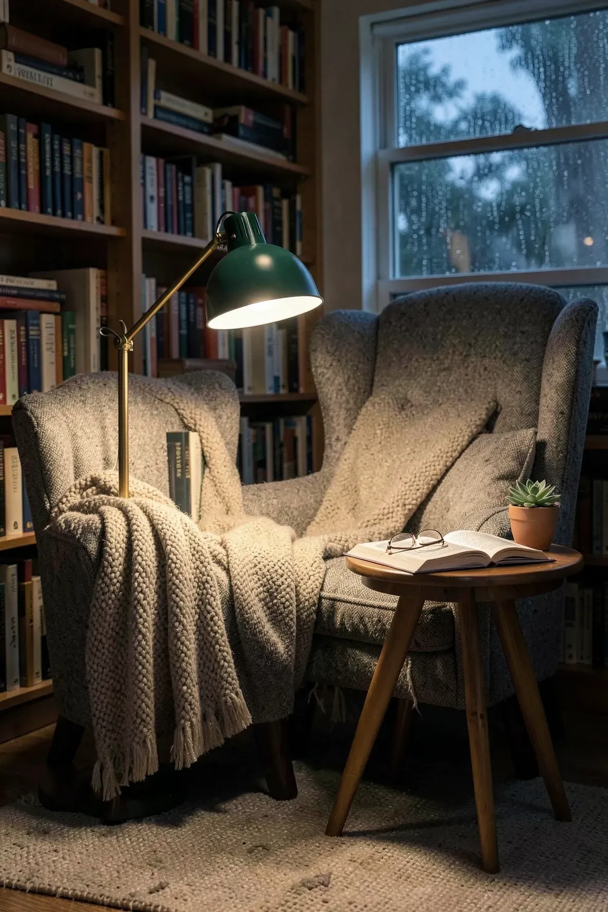 A forest green task lamp directing light onto a tweed chair in a cozy library nook.