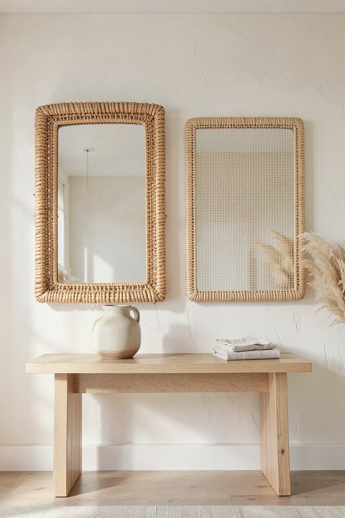 A comparison of a thick rattan mirror and a fine-weave cane mirror on a cream wall.