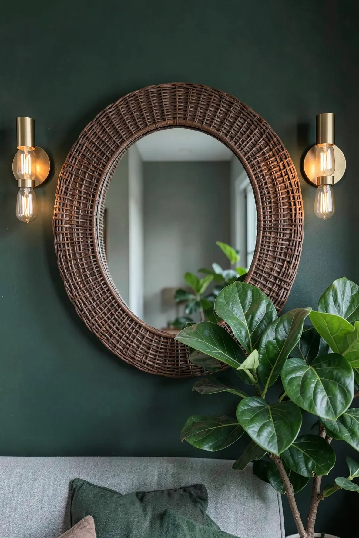 A dark wicker mirror flanked by brass sconces on a green wall next to a large indoor plant.