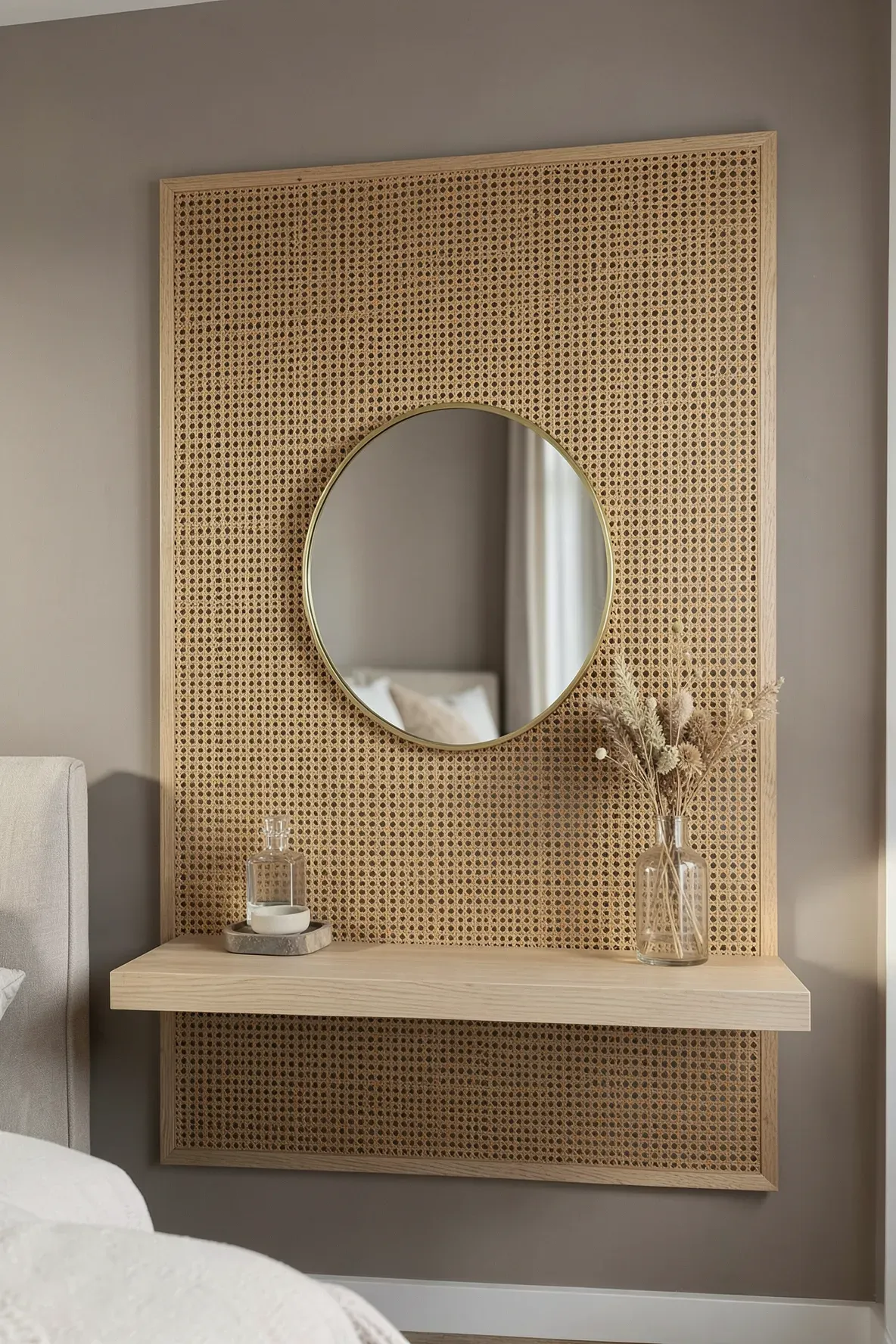 A large woven rattan wall panel acting as a backdrop for a small brass mirror and shelf.
