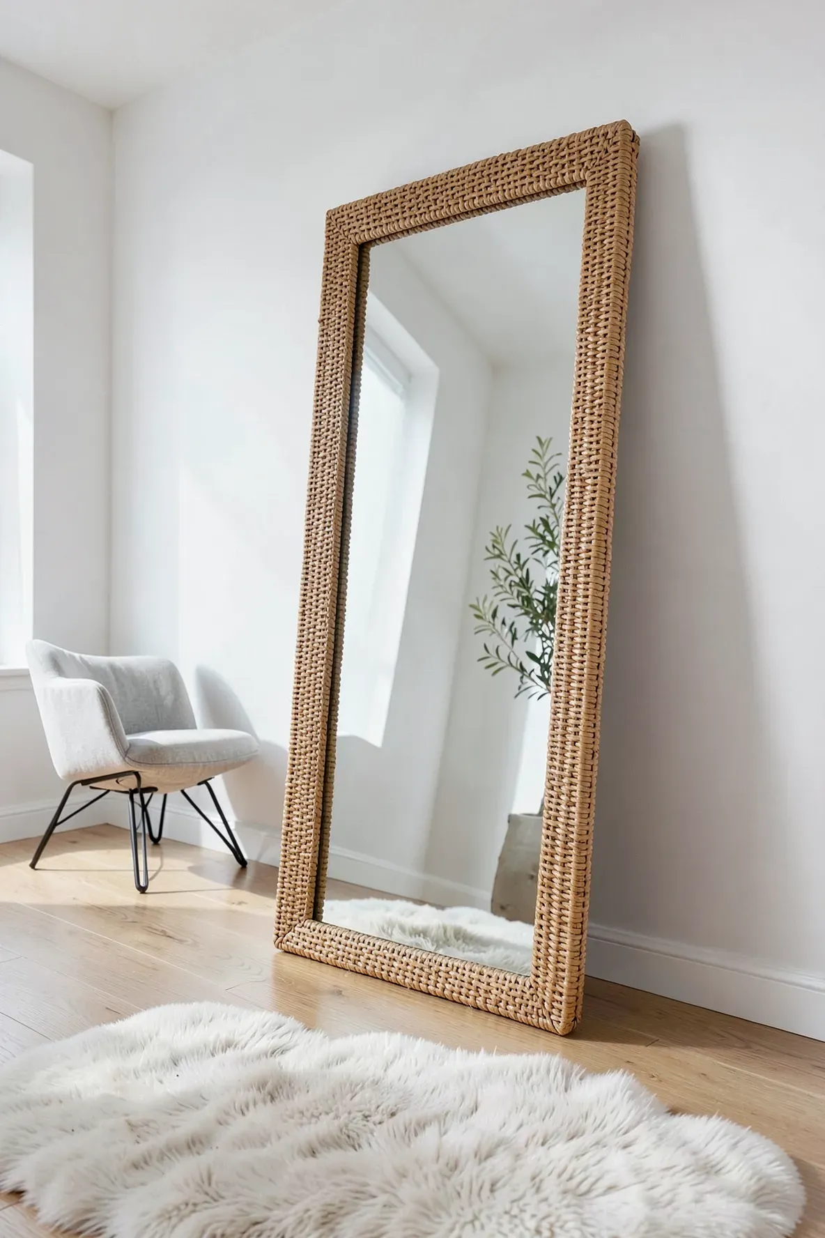A large full-length mirror with a chunky rattan frame leaning against a white bedroom wall.