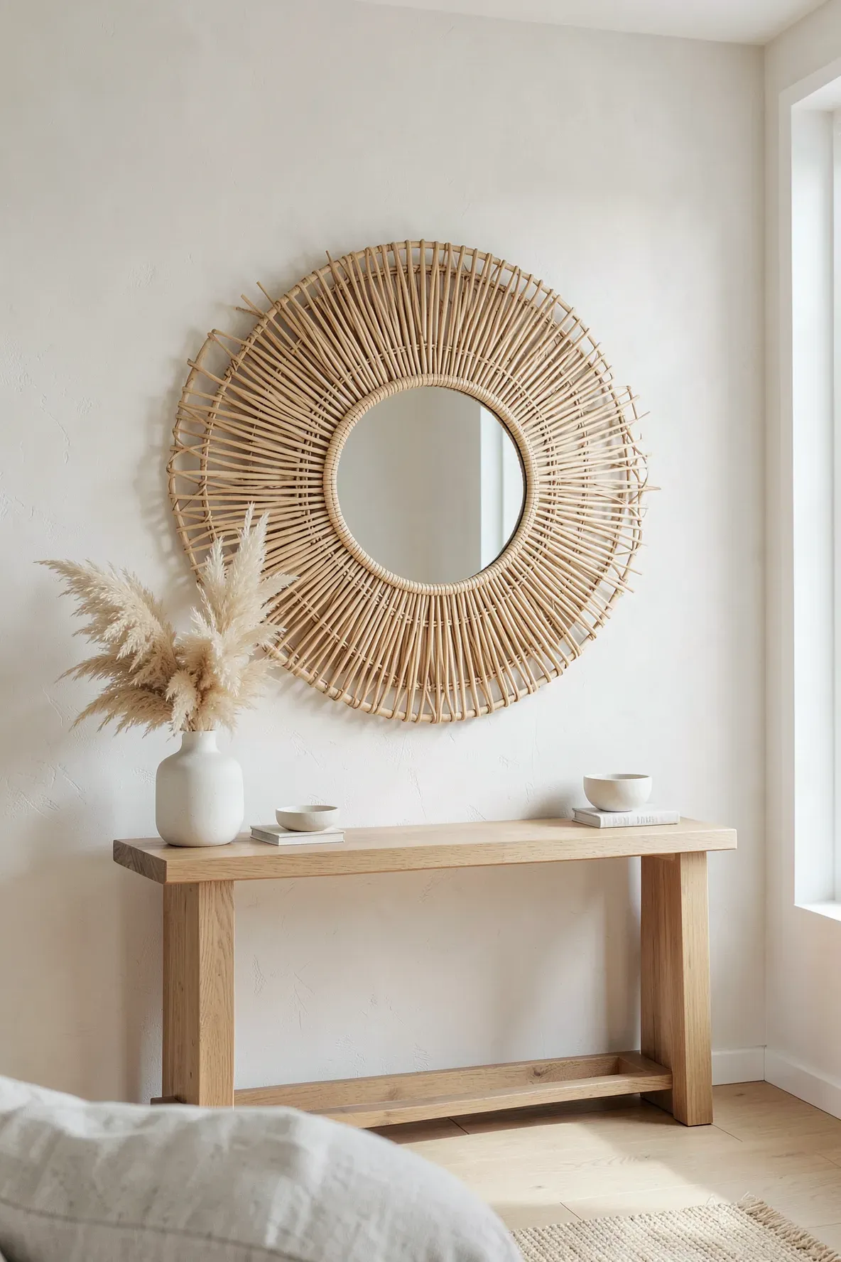 A clean, intricate rattan sunburst mirror hanging above an oak console table in a bright room.
