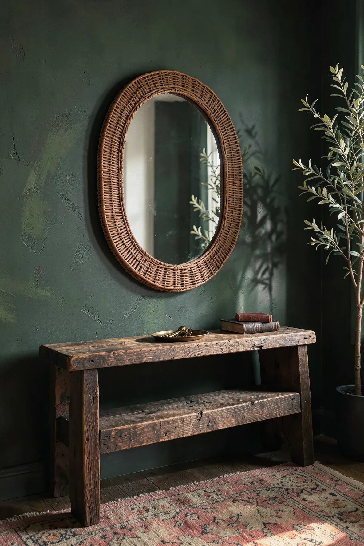 A vintage oval wicker mirror with an aged patina on a dark green textured wall above a rustic bench.