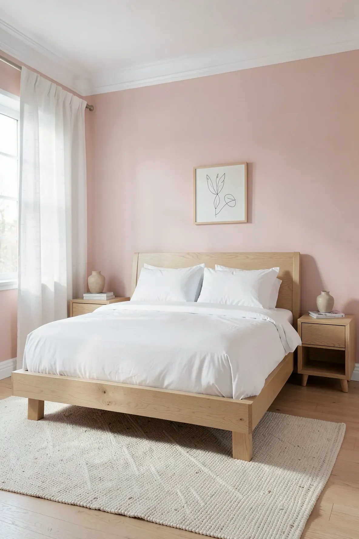 A sophisticated bedroom with pale blush walls, a light oak bed frame, and white bedding.