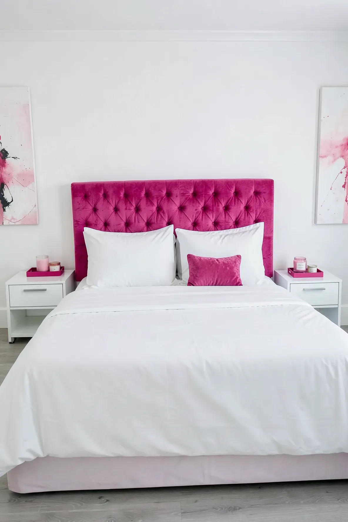 A bold hot pink tufted velvet headboard as the centerpiece of a bright white modern bedroom.