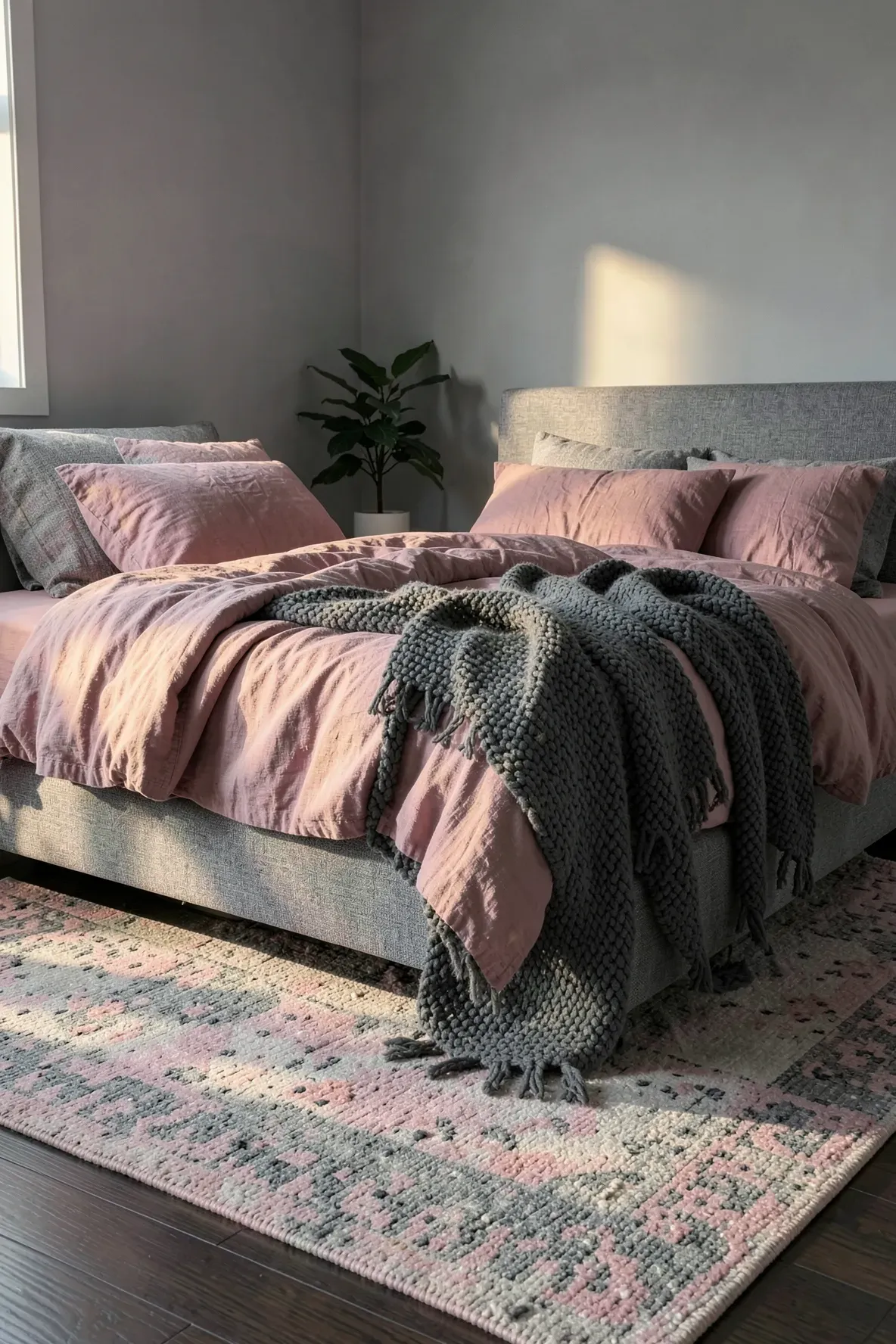 A cozy bedroom featuring dusty pink linen bedding layered with a charcoal grey knit throw blanket.