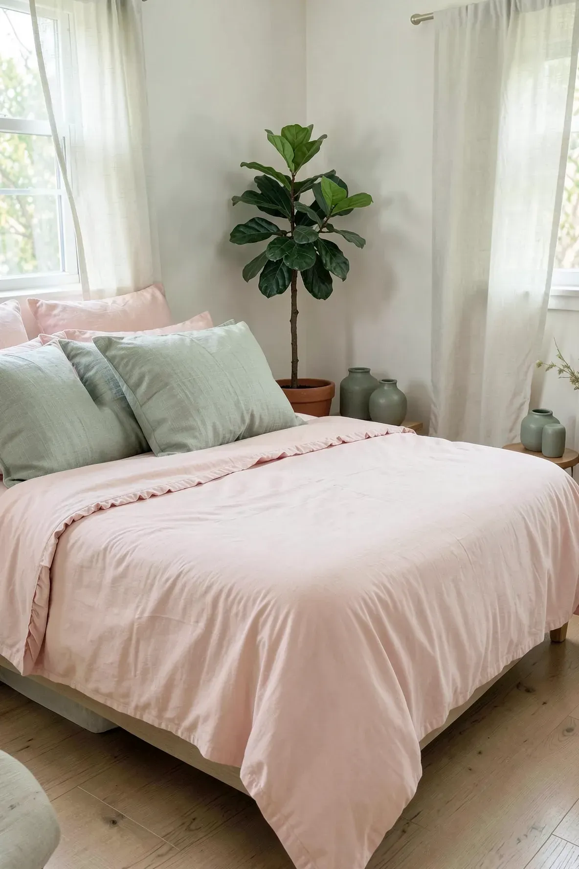 A refreshing bedroom with pale pink bedding, sage green throw pillows, and a large green plant.