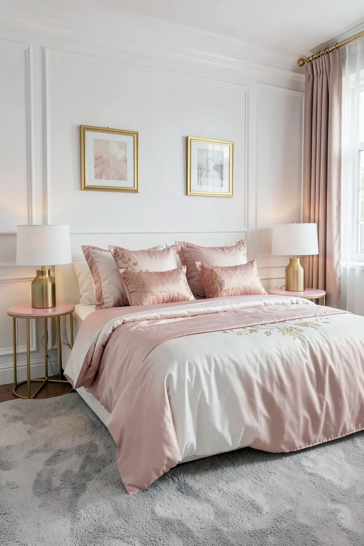A glamorous bedroom featuring rose pink side tables with gold legs and matching gold decor accents.