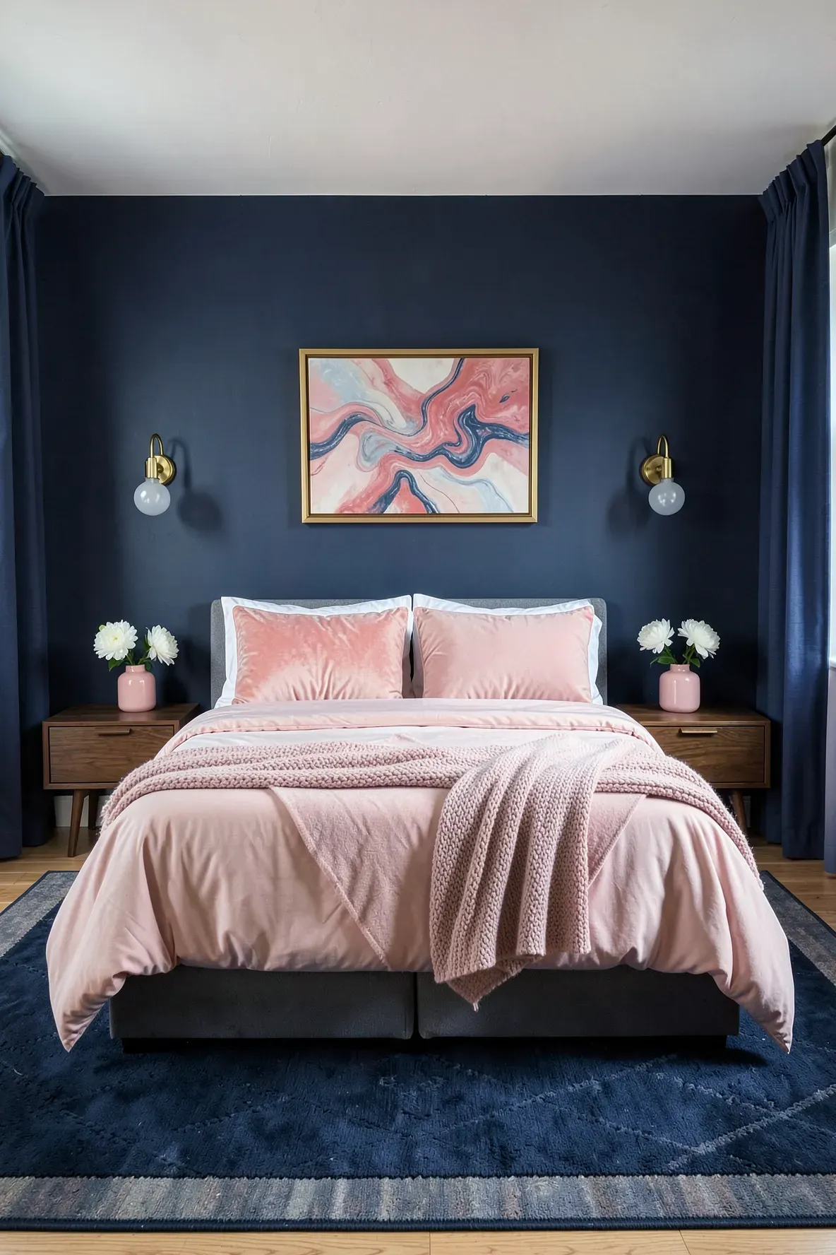 A sophisticated bedroom with a navy blue accent wall, blush pink bedding, and gold accents.