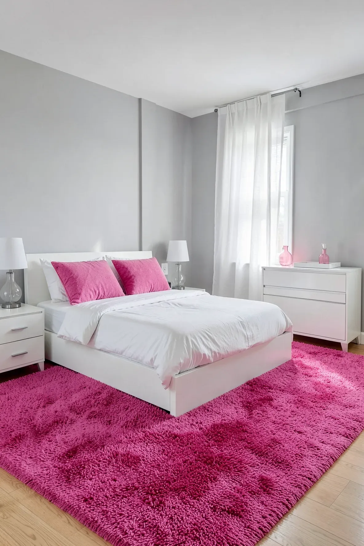 A bright bedroom featuring a large hot pink shaggy rug under a white bed with grey walls.