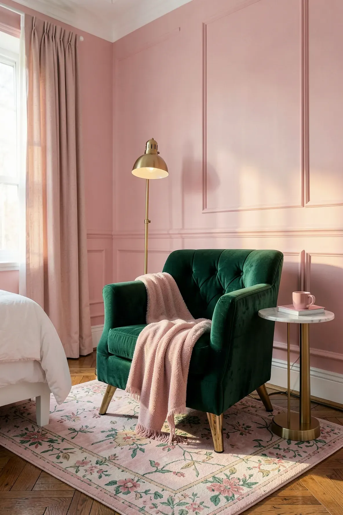 A cozy reading nook with an emerald green velvet chair against soft pink bedroom walls.