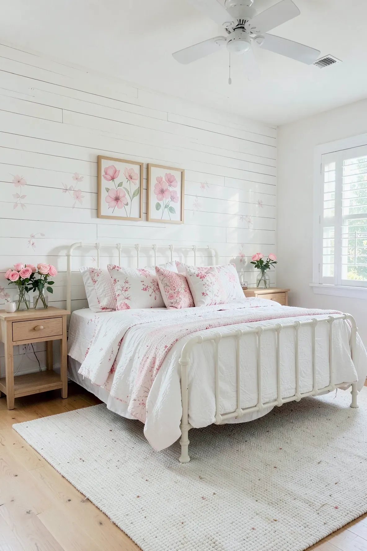 A farmhouse bedroom with white shiplap walls, pink floral prints, and a white iron bed.
