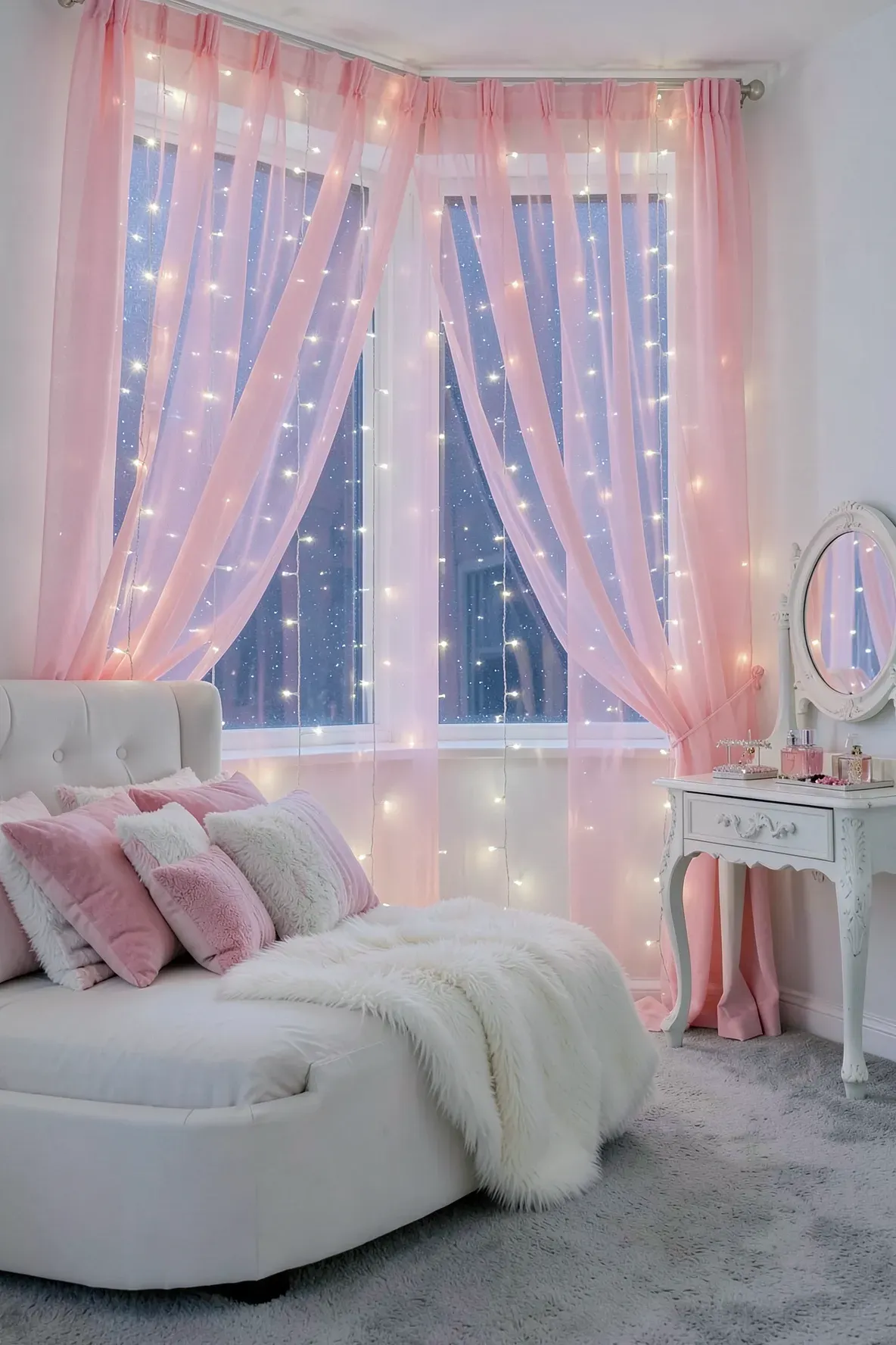 A dreamy bedroom window with pink tulle curtains and twinkling white fairy lights.