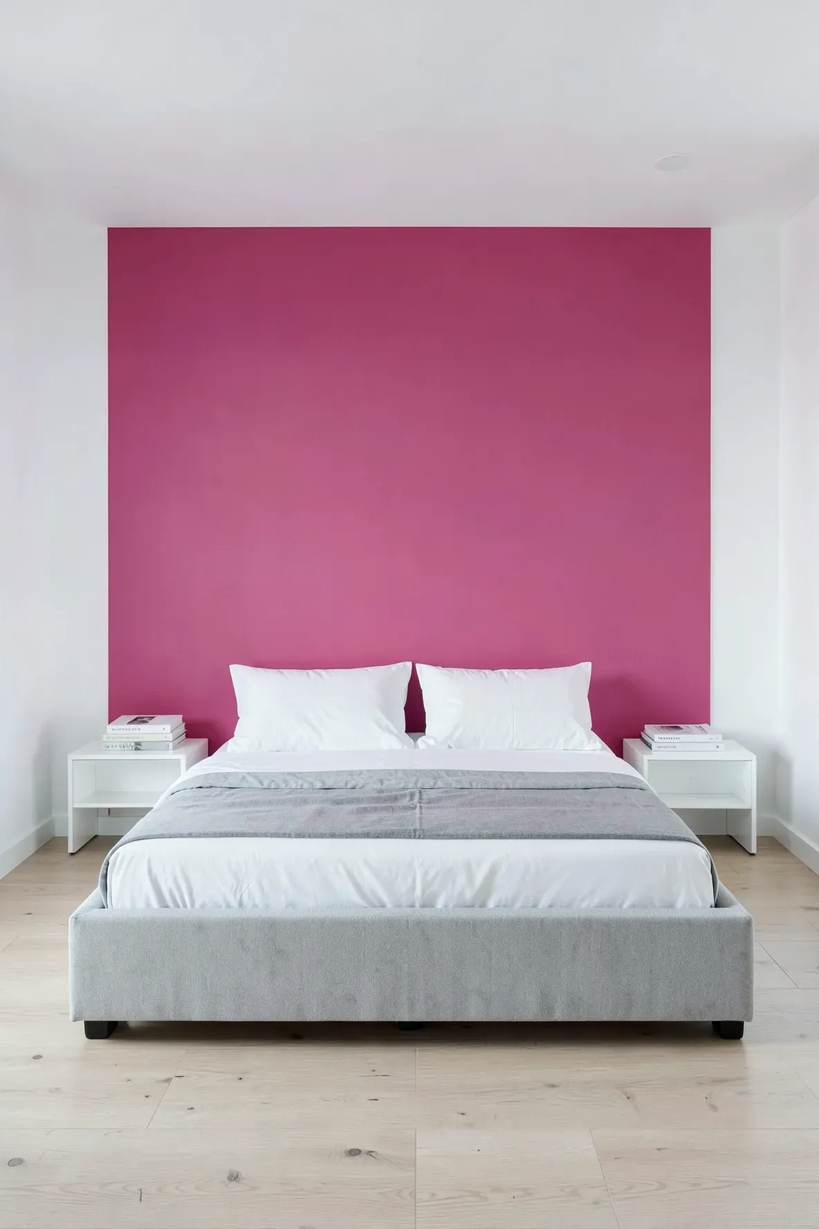 A modern bedroom with a bold hot pink accent wall behind a gray platform bed.