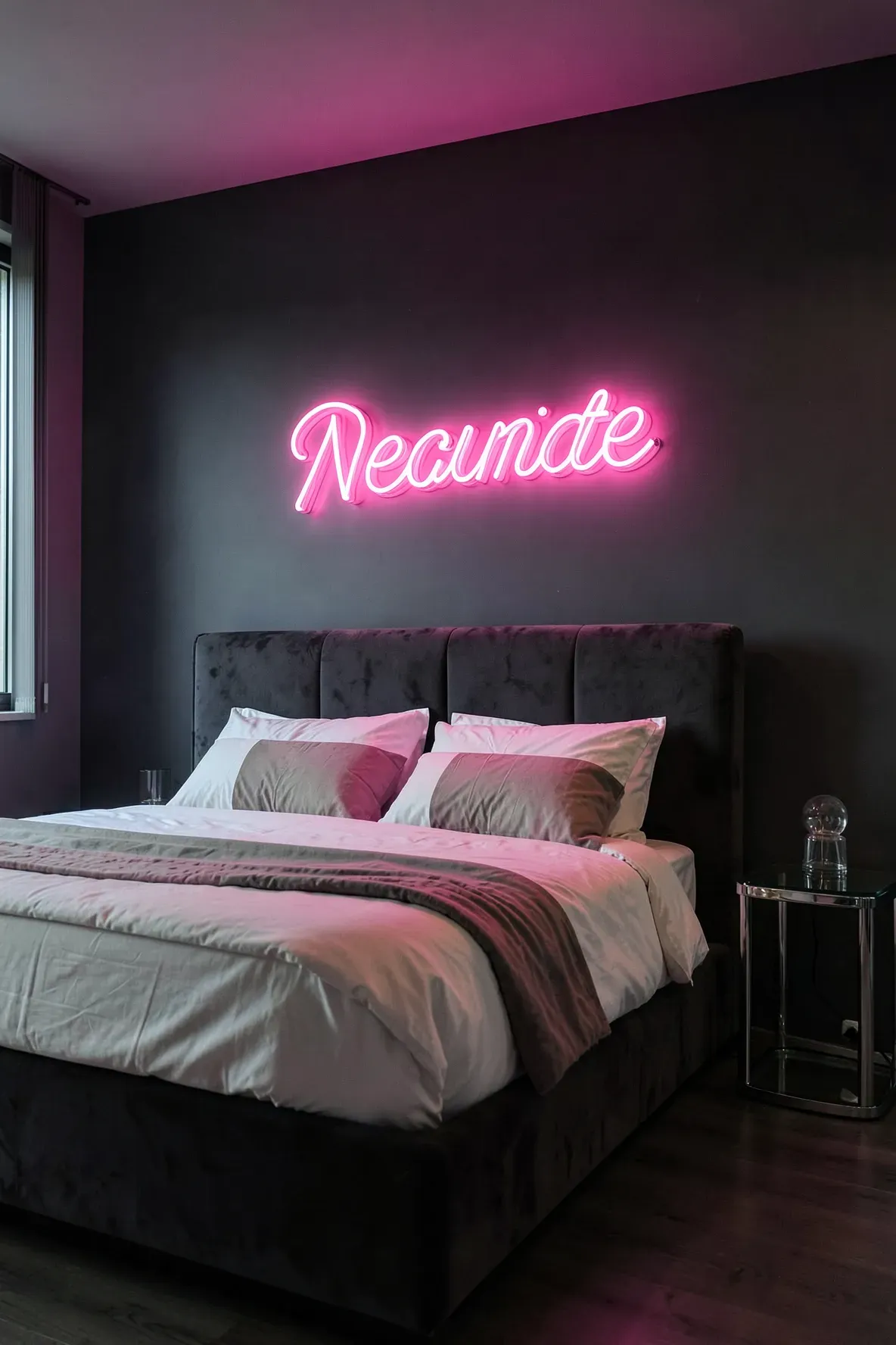A glowing neon pink sign mounted above a bed in a moody, dark-walled bedroom.