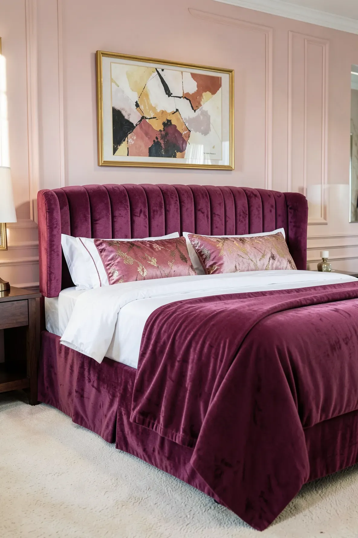 A luxurious fuchsia velvet tufted headboard on a bed with white and pink bedding.