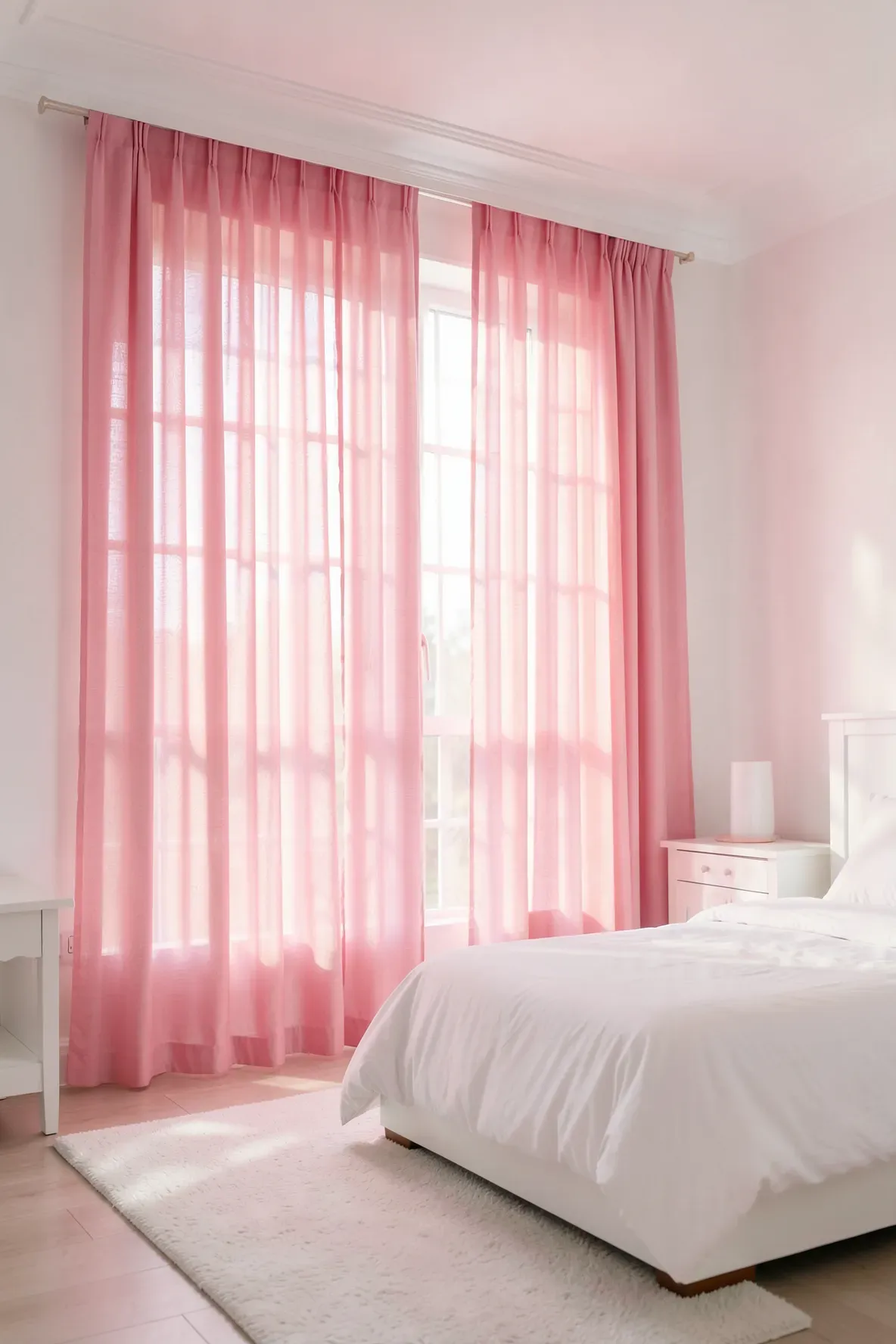 Floor-to-ceiling sheer hot pink curtains casting a rosy glow in a white bedroom.