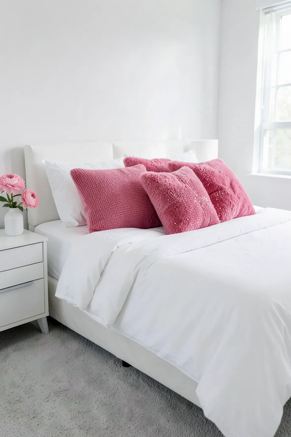 Crisp white bedding decorated with various textured hot pink throw pillows.