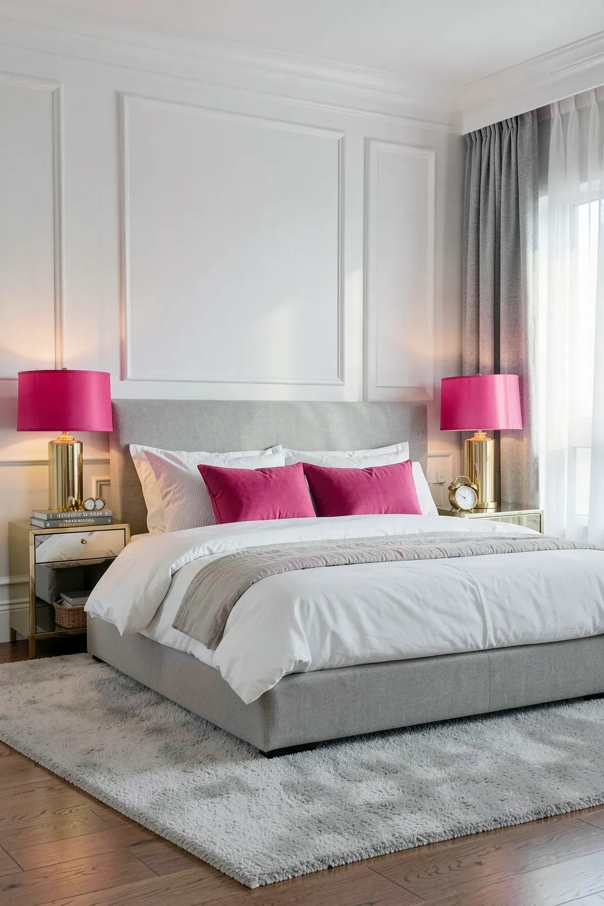 Two hot pink and gold table lamps on nightstands in a modern bold bedroom.