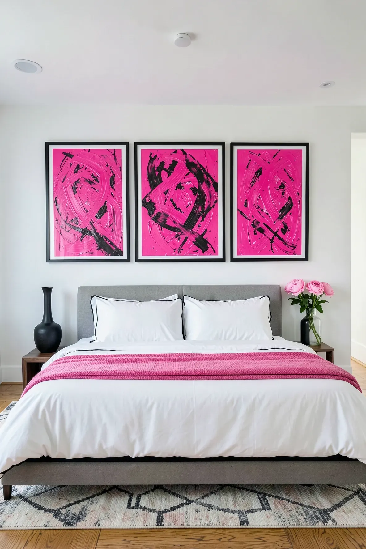 Abstract hot pink paintings in black frames hanging above a bed in a white room.