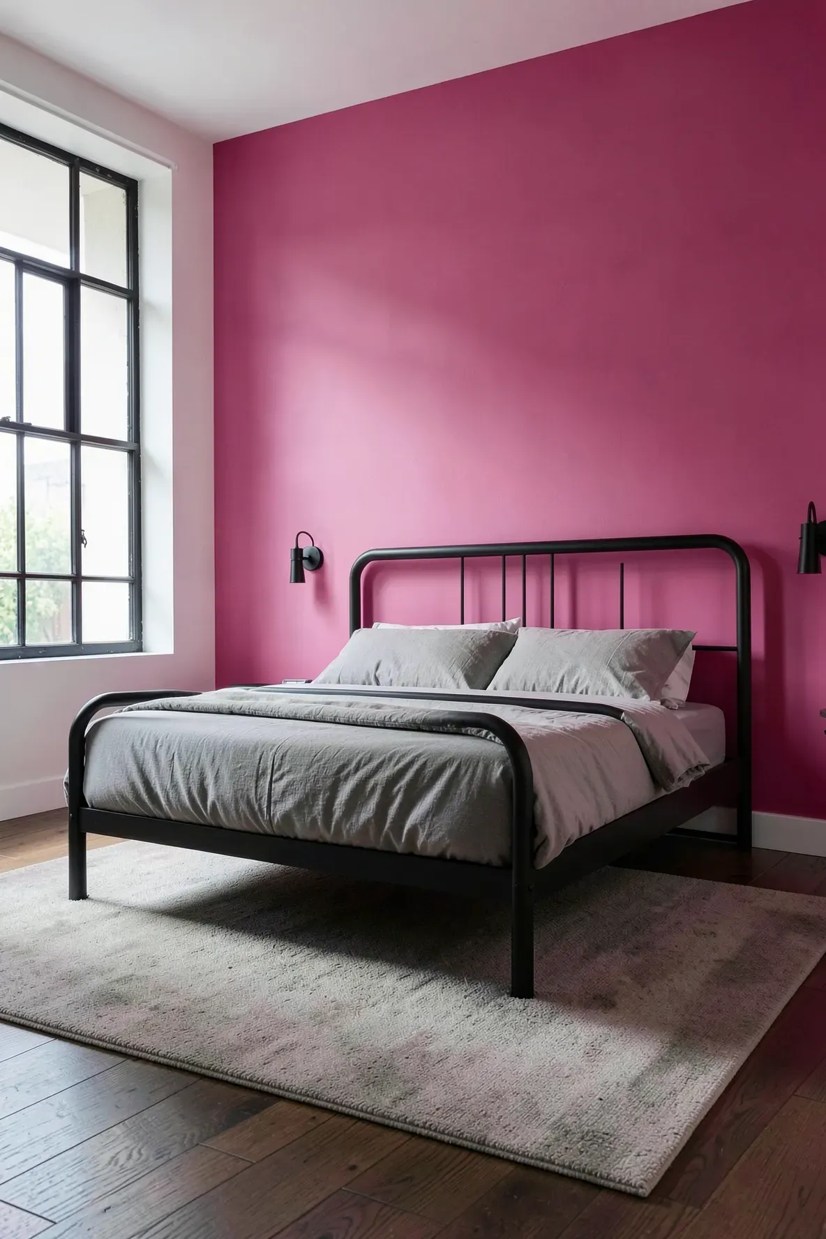 A matte black bed frame stands out against a bold hot pink accent wall.