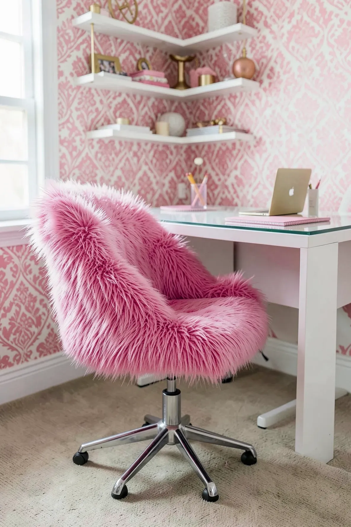 A vibrant hot pink faux fur chair at a white desk in a bright bedroom.