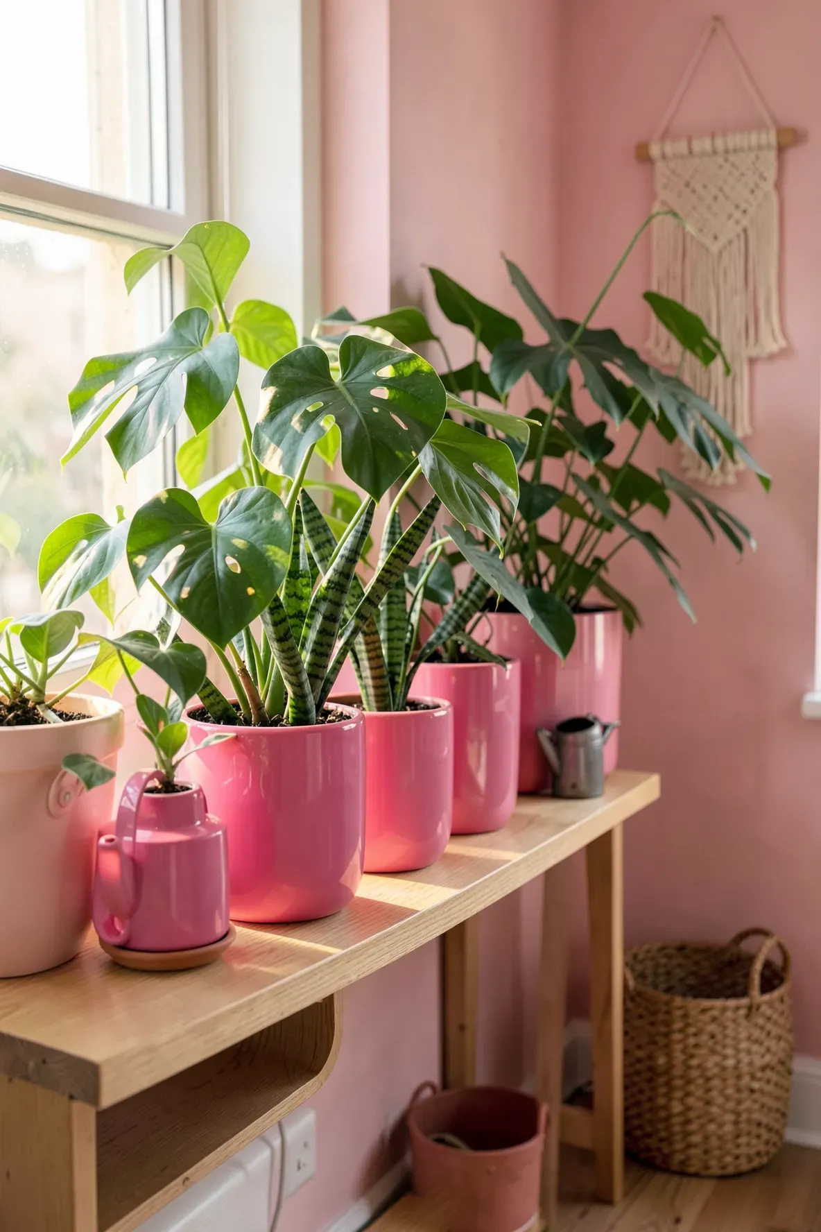 Green plants in bright hot pink pots on a shelf in a sunlit pink bedroom.