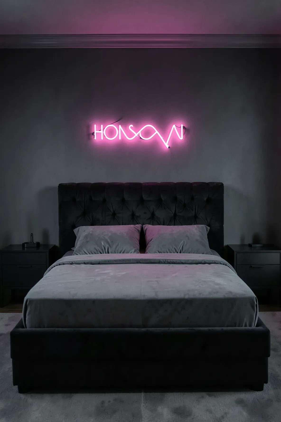 A hot pink neon sign glows above a luxurious black velvet headboard in a modern bedroom.