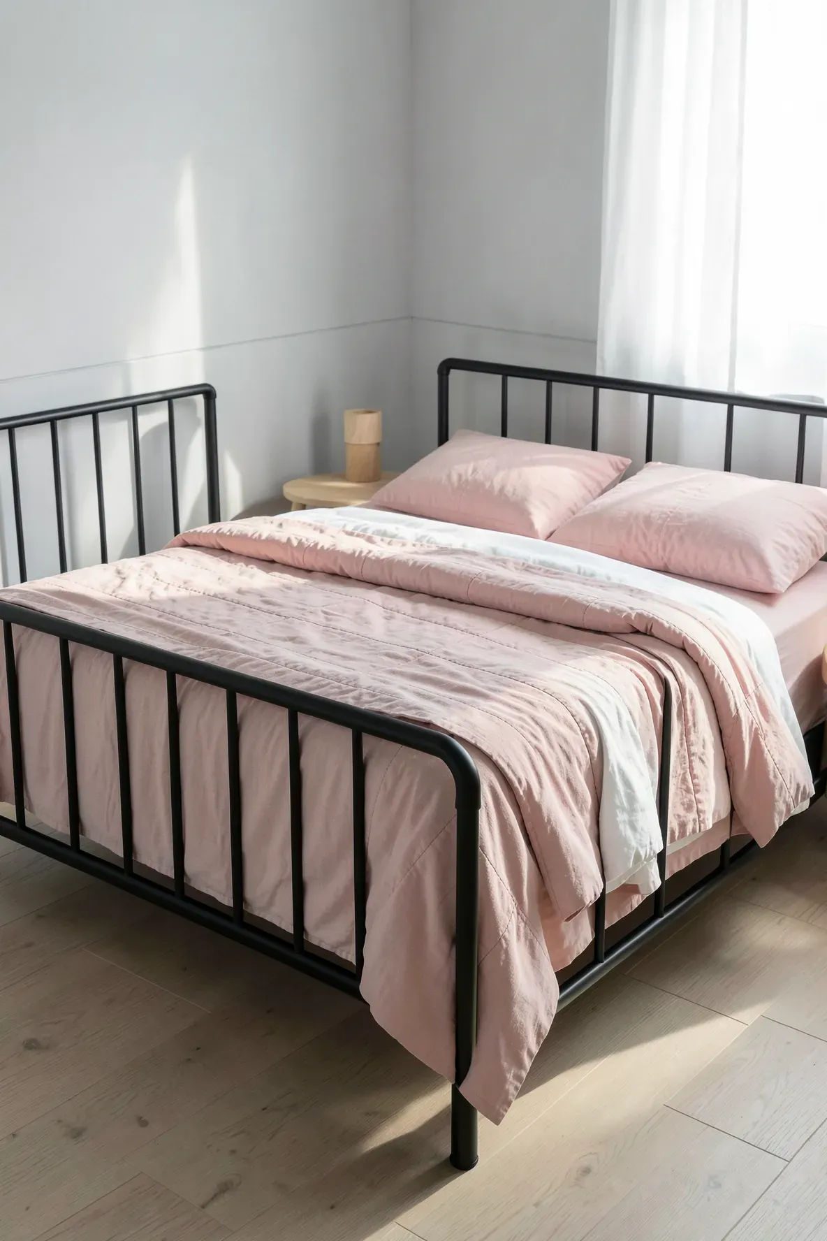 Soft blush pink bedding contrasts beautifully with a sharp matte black metal bed frame.