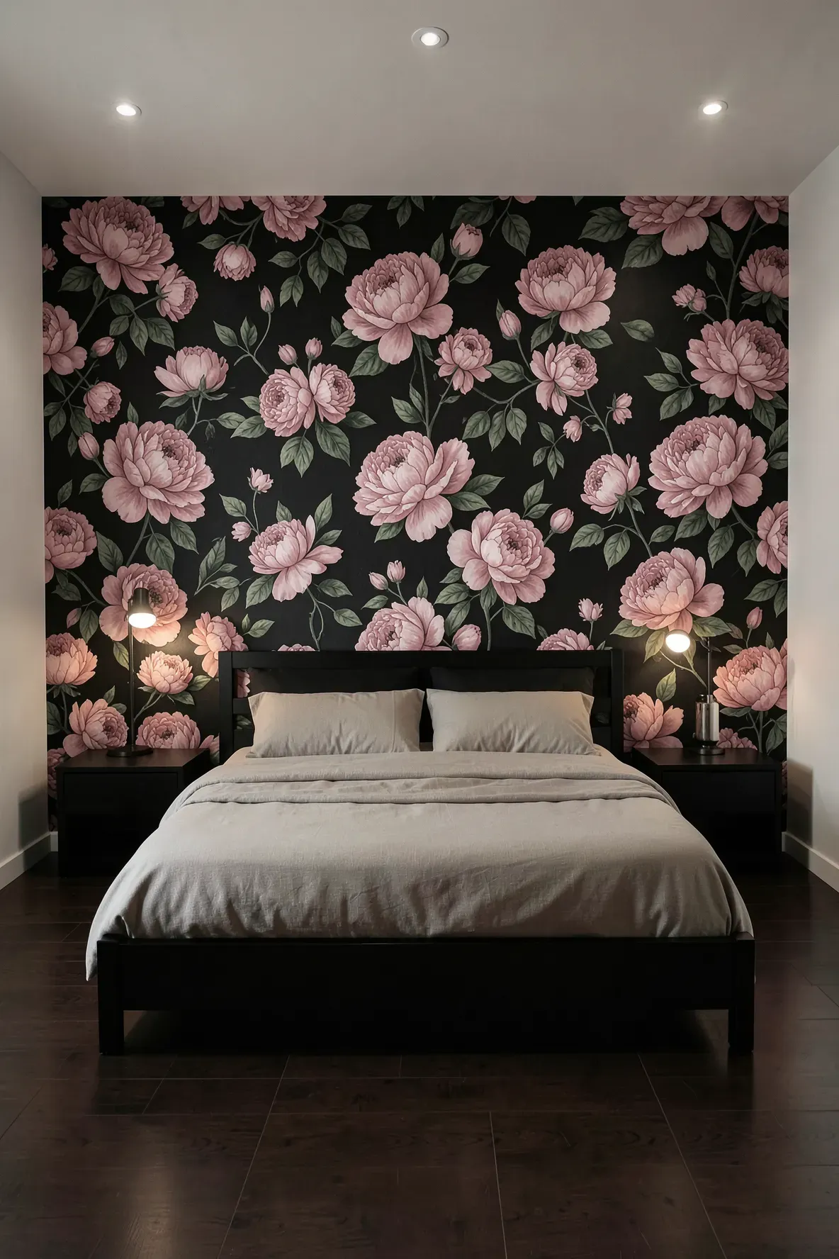 A dramatic black accent wall featuring large pink floral wallpaper behind a modern bed.