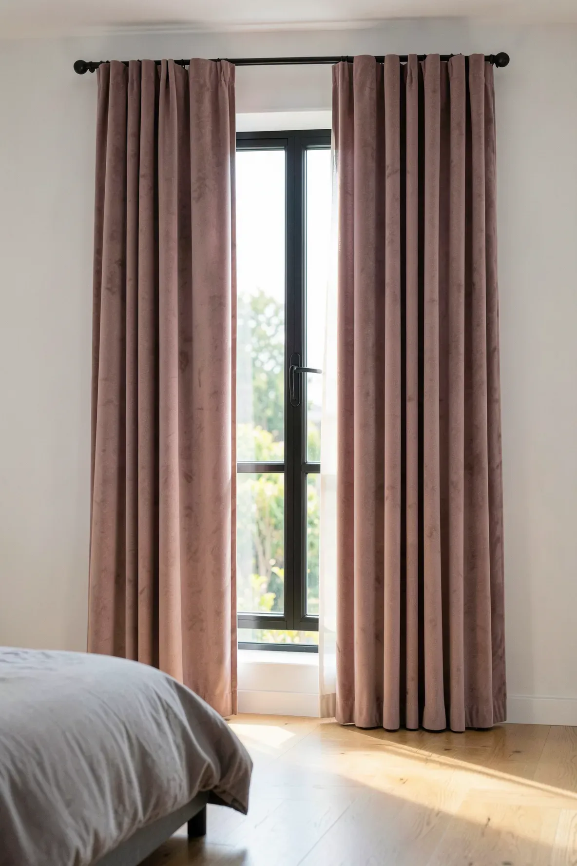 Elegant dusty pink velvet curtains frame modern black window casings in a bright room.