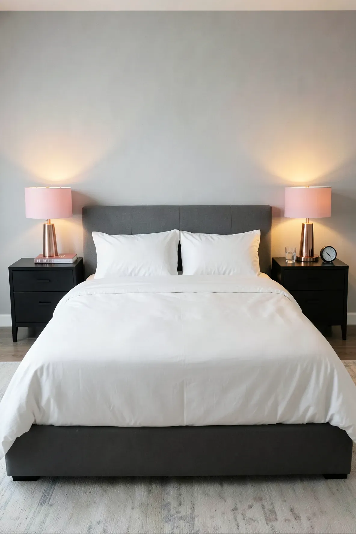 Symmetrical black nightstands featuring elegant pink and rose gold lamps next to a bed.