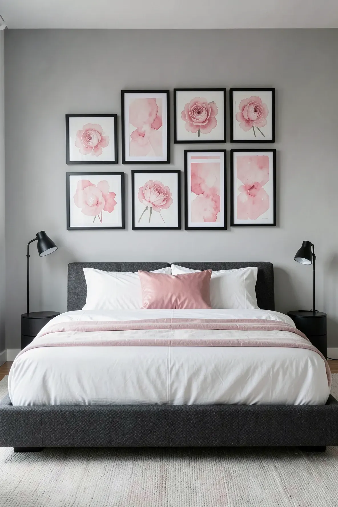 A modern bedroom with a gallery wall of pink abstract art in black frames above a bed.