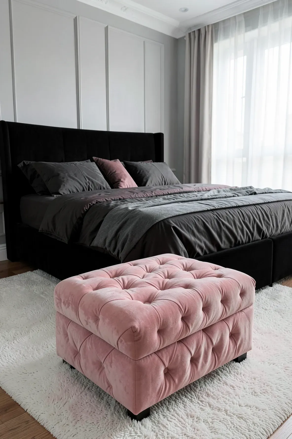 A plush pink tufted velvet ottoman at the foot of a modern black bed in a stylish room.