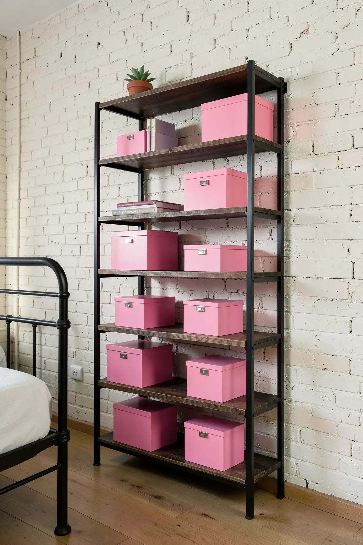 A black metal industrial bookshelf styled with various pink storage boxes in a modern room.