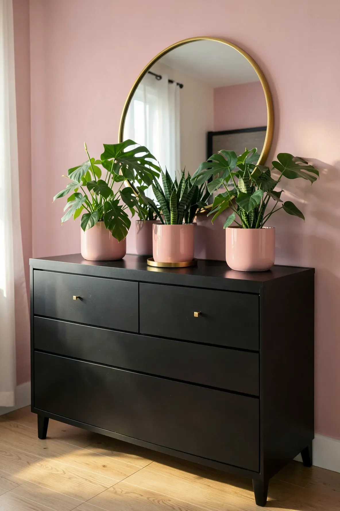 Green plants in pink pots sitting on a sleek black dresser with gold handles.