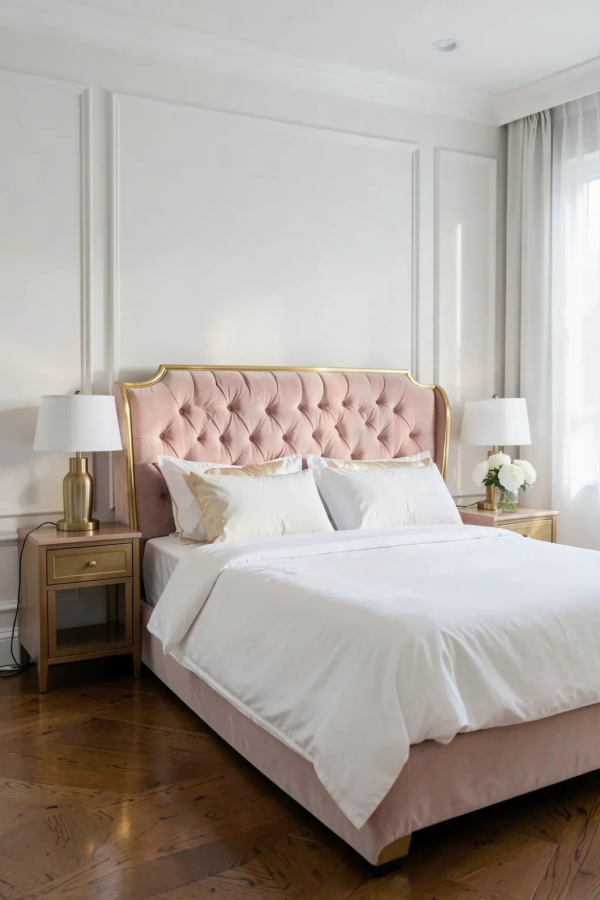 A sophisticated bedroom featuring a blush pink velvet headboard with elegant gold trim.