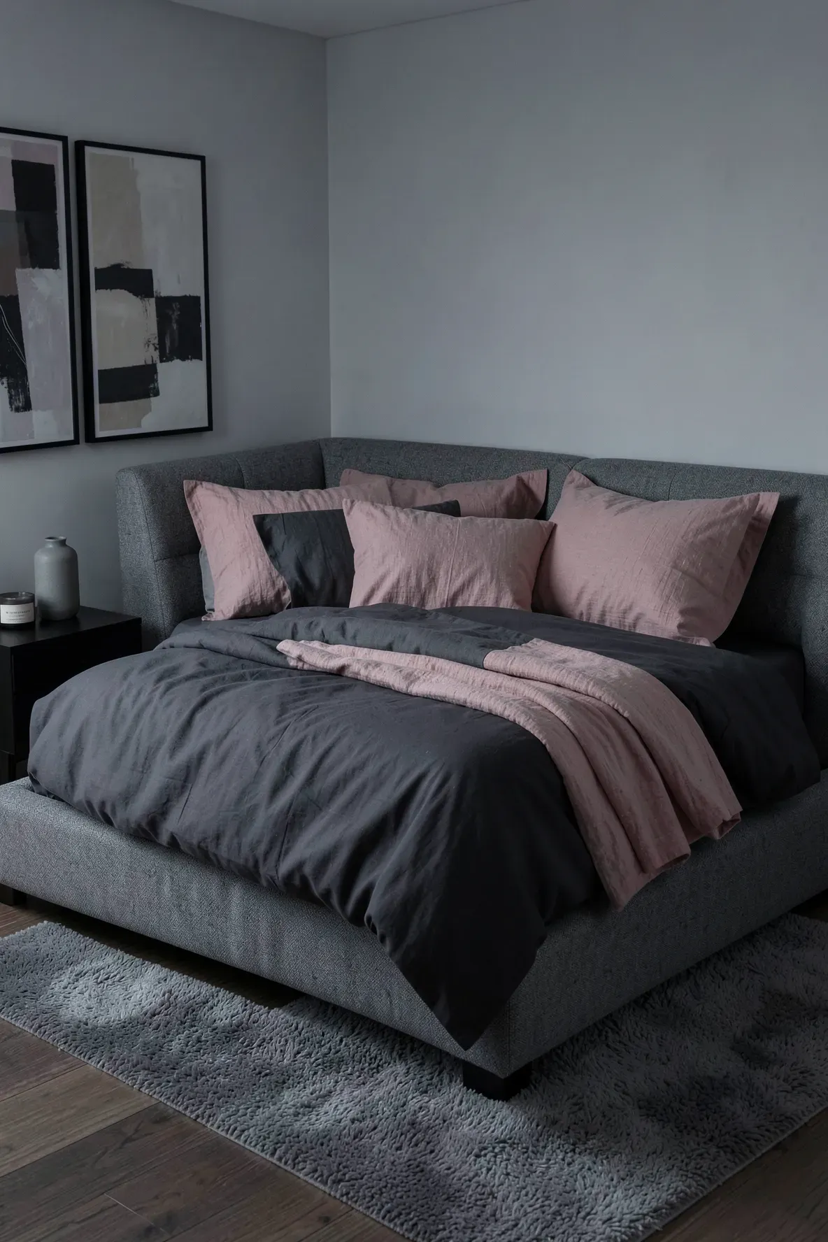 Modern bedroom with charcoal grey bedding layered with soft dusty pink pillows.