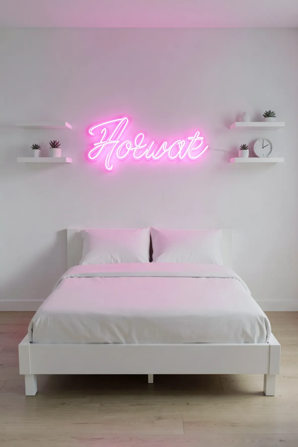 A modern bedroom with a glowing hot pink neon sign mounted on a white wall above the bed.