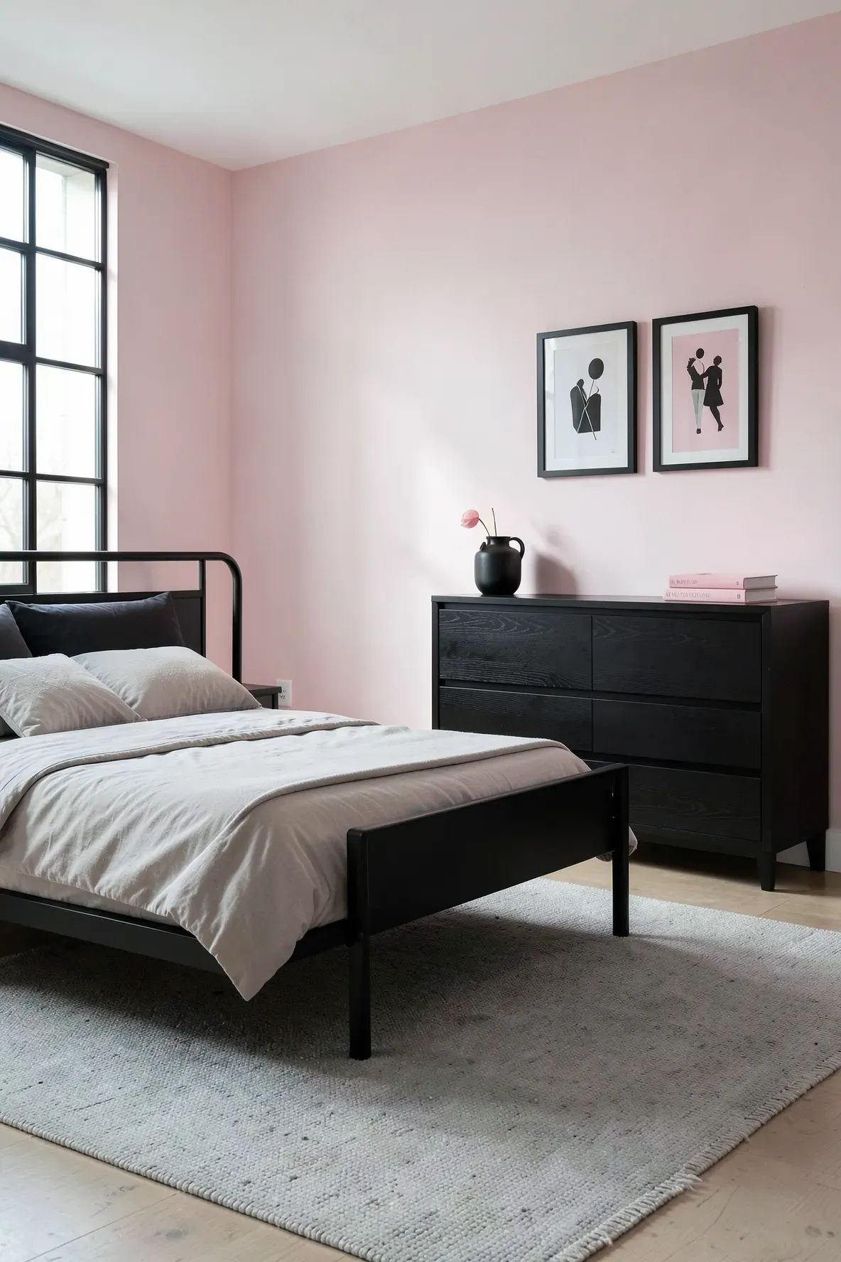 A modern bedroom featuring matte black furniture against soft pale pink walls.