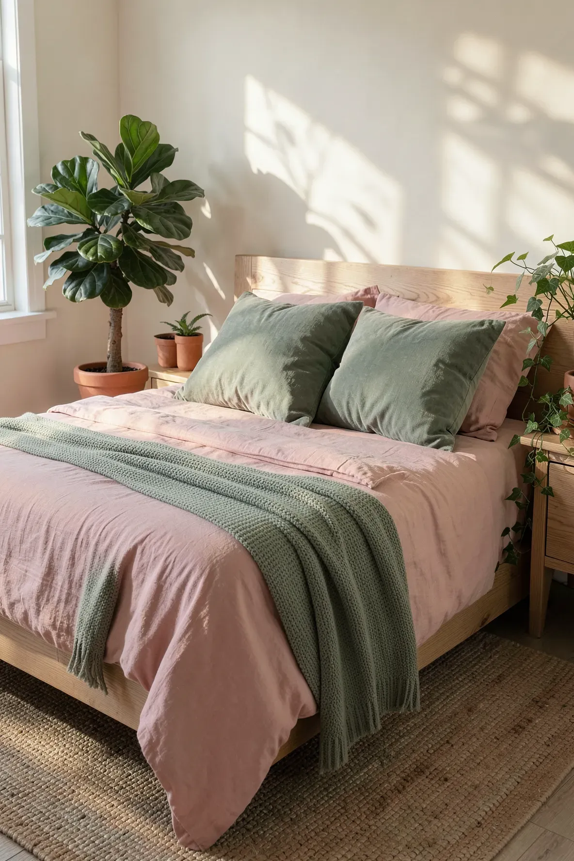 A serene bedroom with a rose-colored duvet and sage green accent pillows.
