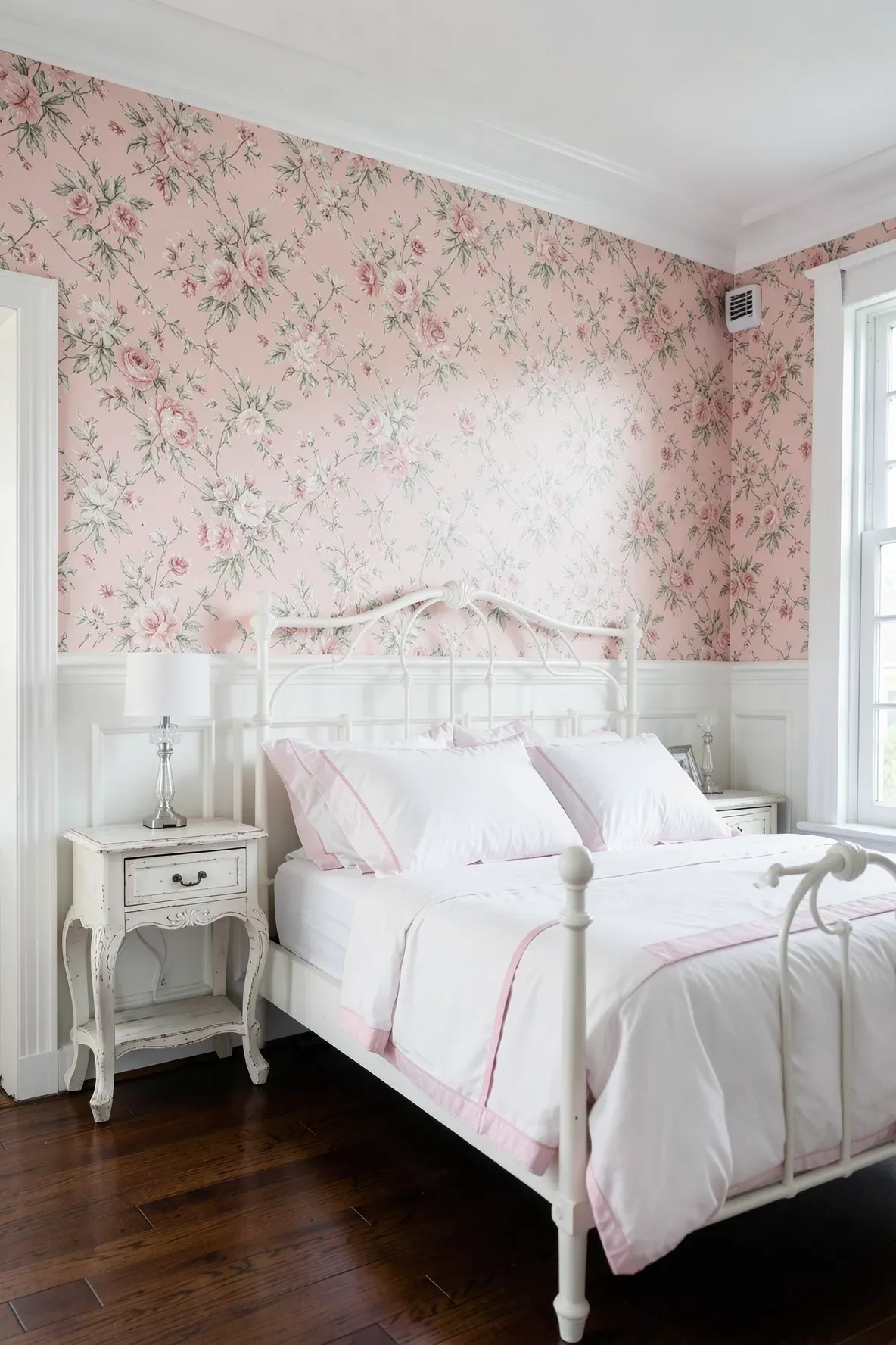 A classic bedroom with floral pink wallpaper and elegant white wainscoting.
