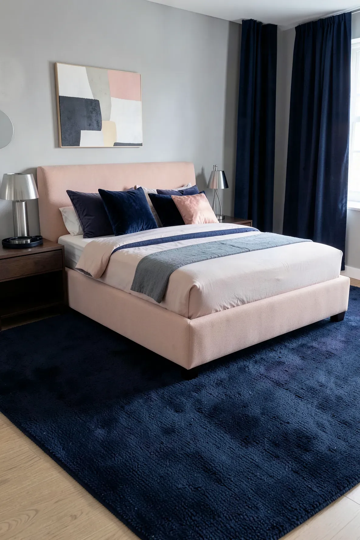 A sophisticated bedroom with a textured navy blue rug under a blush pink bed frame.