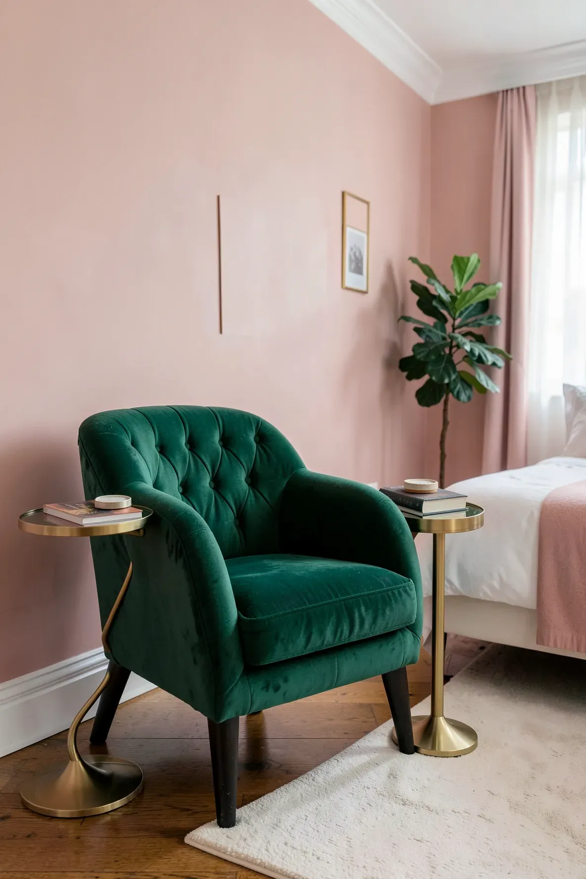 An emerald green velvet armchair in a soft pink bedroom corner with a gold side table.