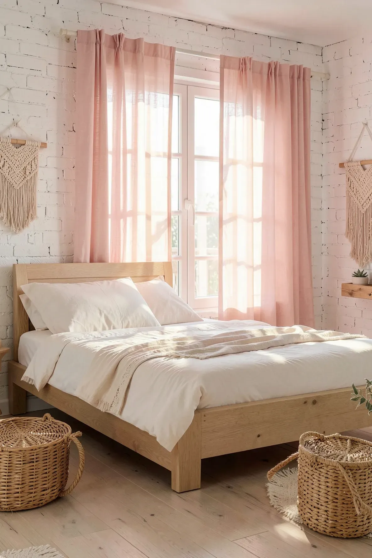 Sheer pink curtains in a bright bedroom with a natural wood bed frame and boho decor.