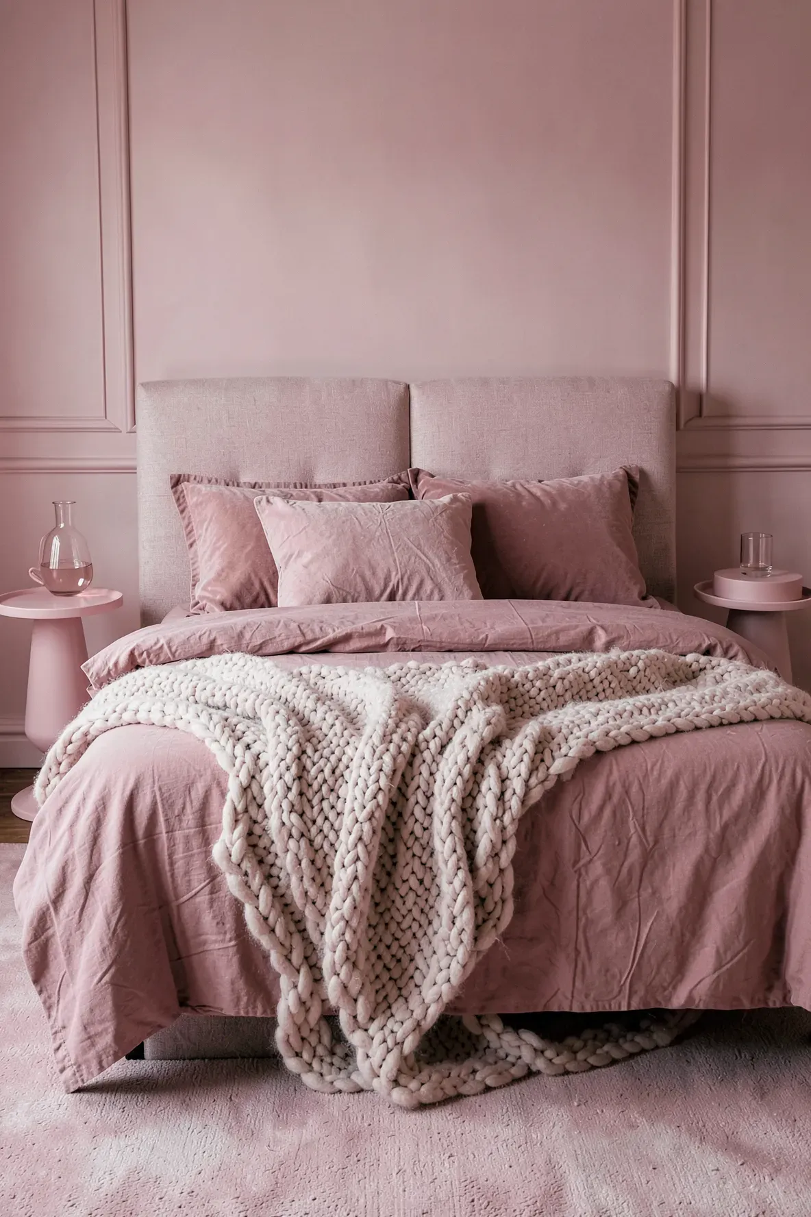 A bed with all-pink bedding including linen sheets, velvet pillows, and a chunky knit throw.