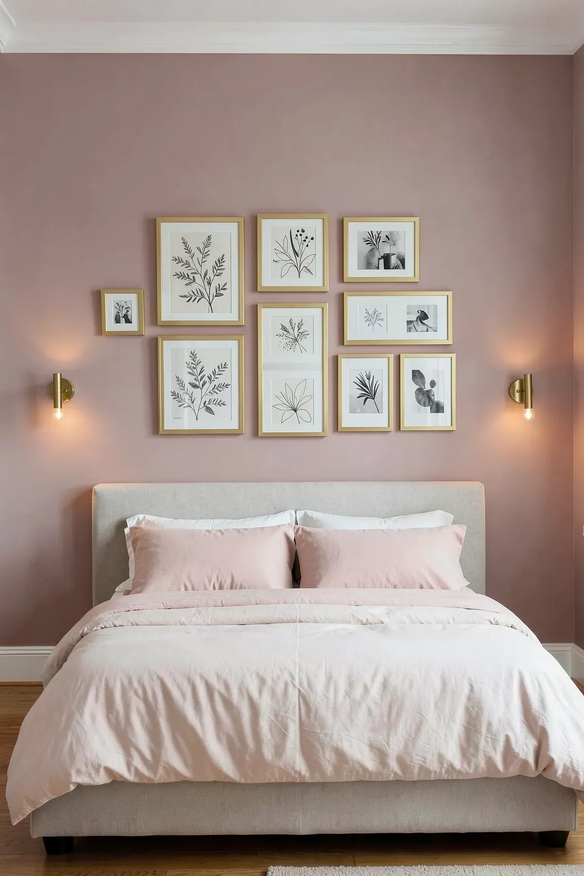 A gallery wall of gold-framed art on a muted pink bedroom wall above a bed.